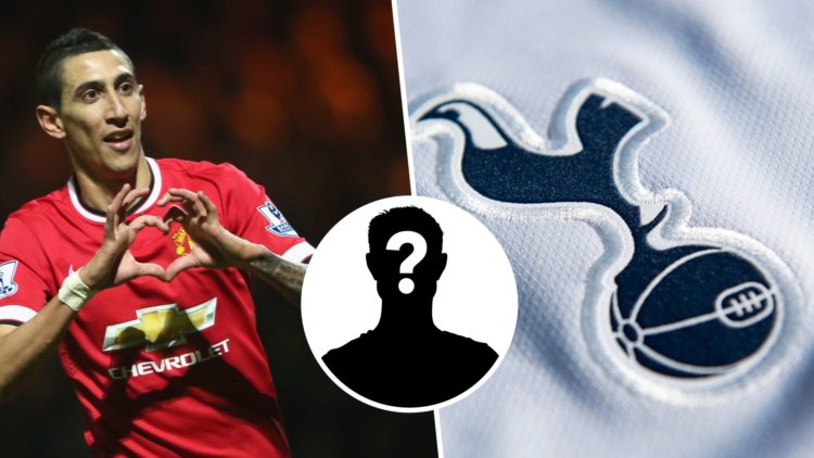 Split image of Angel Di Maria and Tottenham badge with overlay of mystery person