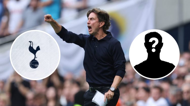 Thomas Frank with inset of Tottenham Hotspur badge and mystery silhouette