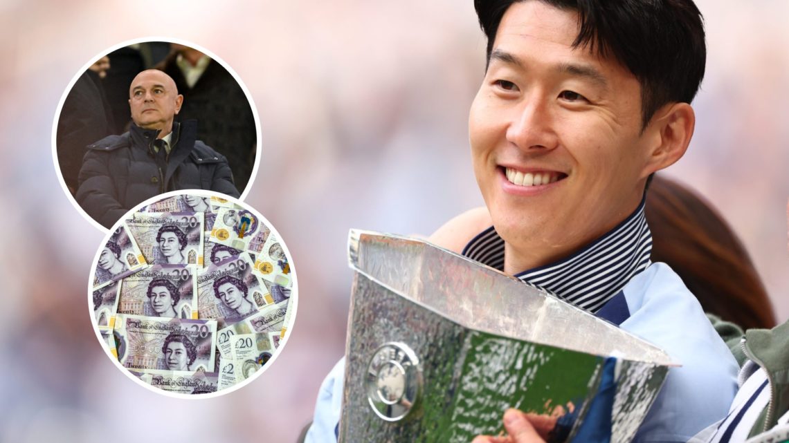 Tottenham forward Son Heung-min with Europa League trophy. Inset of Daniel Levy and £20 notes.