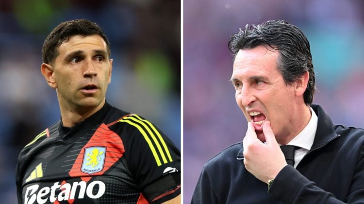 Split image of Emi Martinez and Unai Emery both at Aston Villa.
