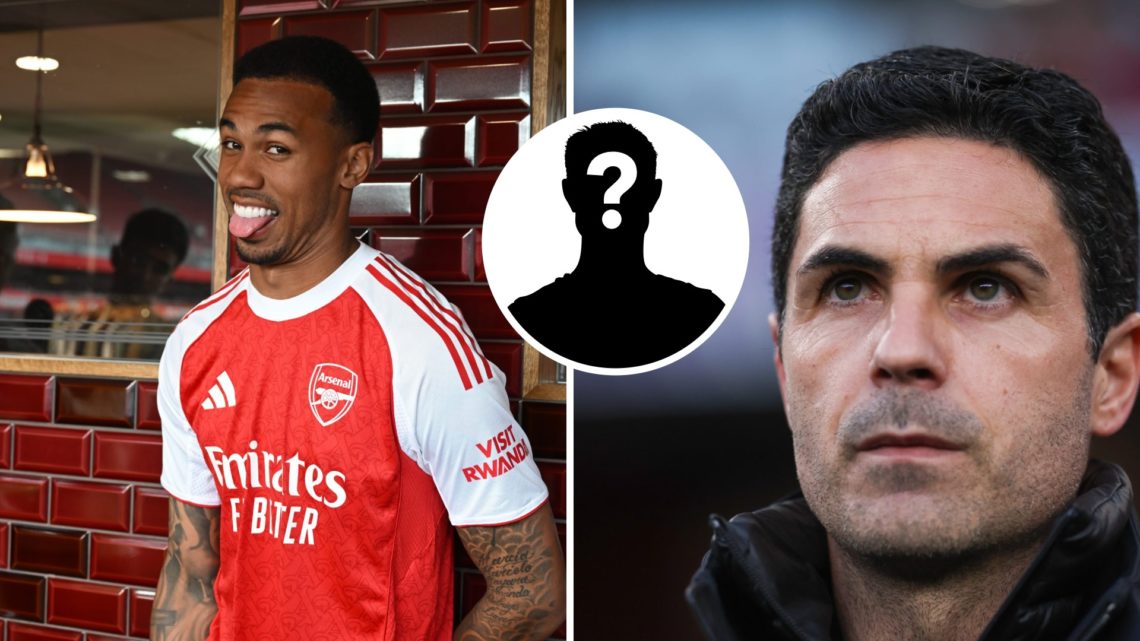 Split image of Arsenal No.6 Gabriel Magalhaes and Mikel Arteta with mystery figure inset