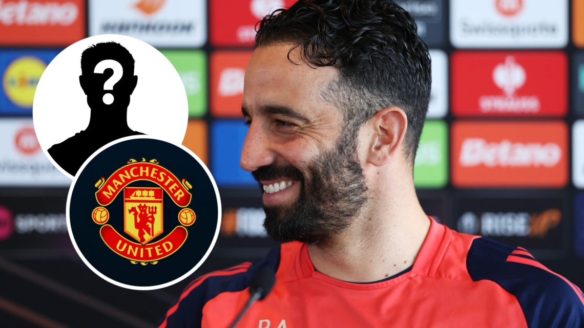 Manchester United manager Ruben Amorim with inset of Manchester United badge and mystery silhouette
