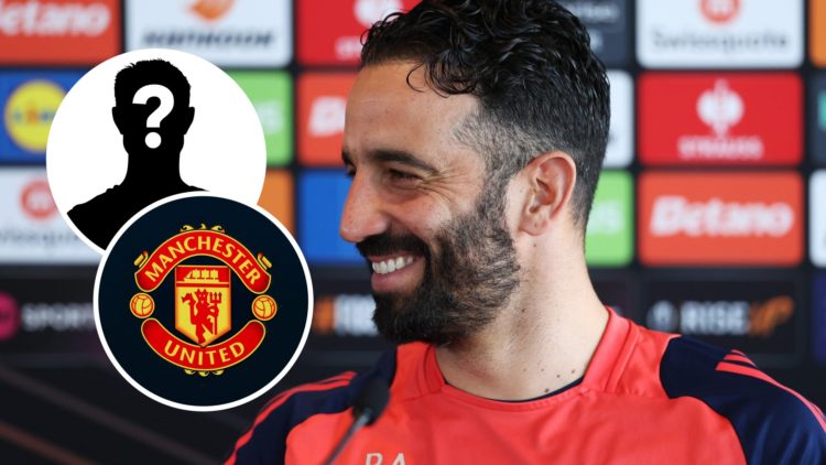 Manchester United manager Ruben Amorim with inset of Manchester United badge and mystery silhouette