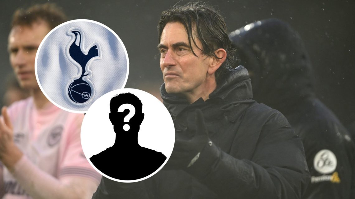 Brentford manager Thomas Frank with inset of Tottenham Hotspur badge and mystery silhouette