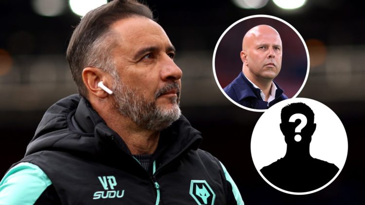 Vitor Pereira looks on at Wolves. Inset, Arne Slot and a question mark.