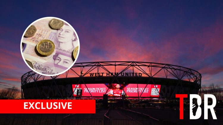 West Ham United's London Stadium with inset of British money