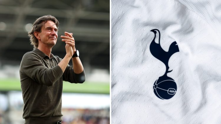 Split image of Tottenham Hotspur manager Thomas Frank and Spurs badge