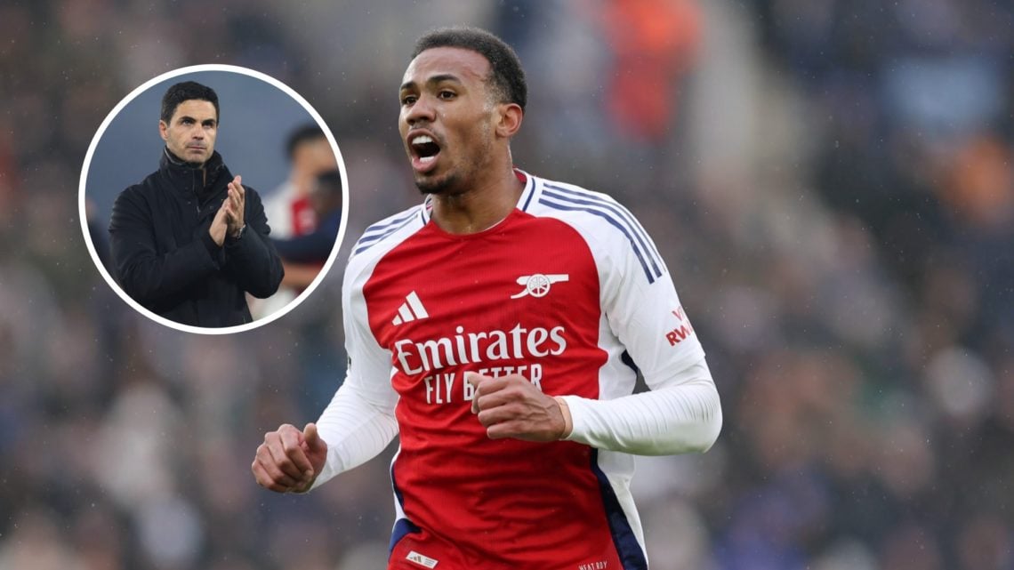 Arsenal defender Gabriel Magalhaes with inset of Arsenal manager Mikel Arteta