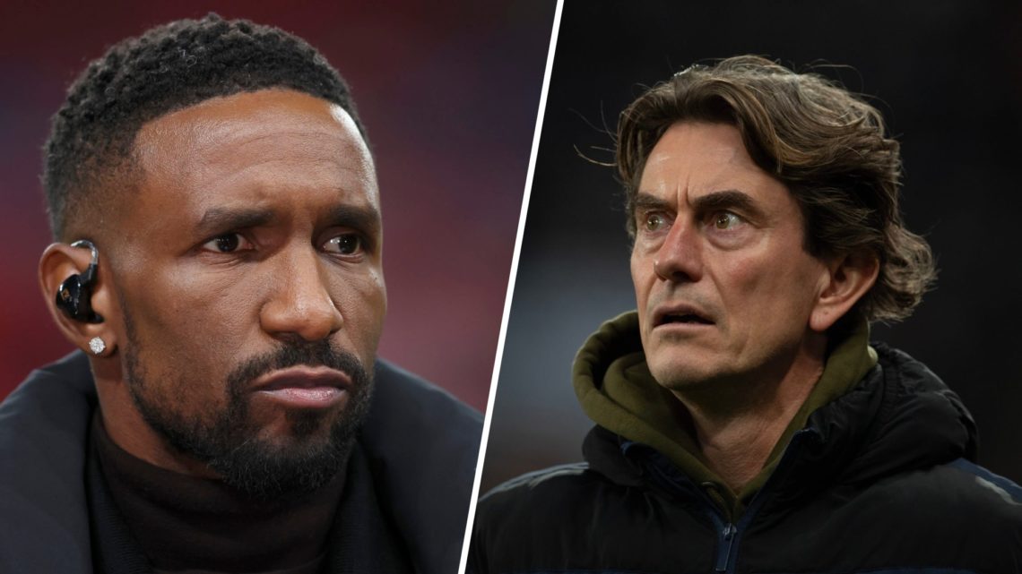 Split image of (L) Tottenham legend Jermaine Defoe working as a pundit and (R) new Tottenham manager Thomas Frank looking on during a Brentford gam...