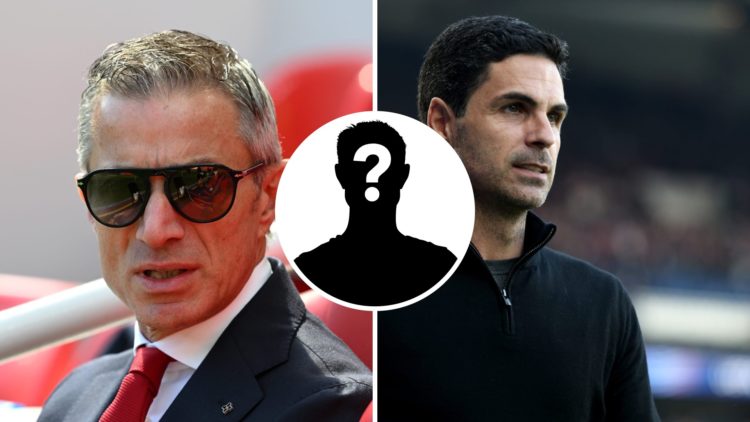 Split image of Andrea Berta and Mikel Arteta with overlay of mystery person