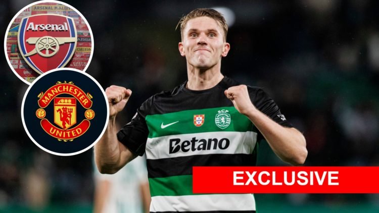 Viktor Gyokeres after scoring for Sporting Lisbon with overlay of Arsenal badge and Man United badge
