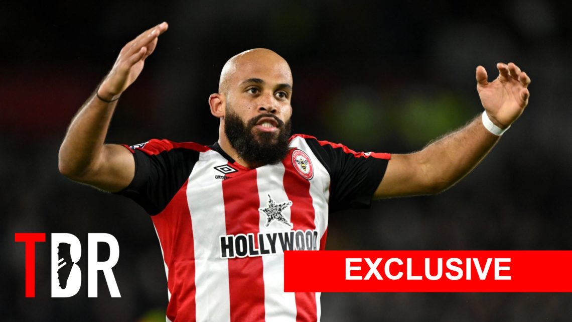 Image of Tottenham and Manchester United target Bryan Mbeumo during a Premier League clash between Brentford and Newcastle., overlaid a TBR exclusi...