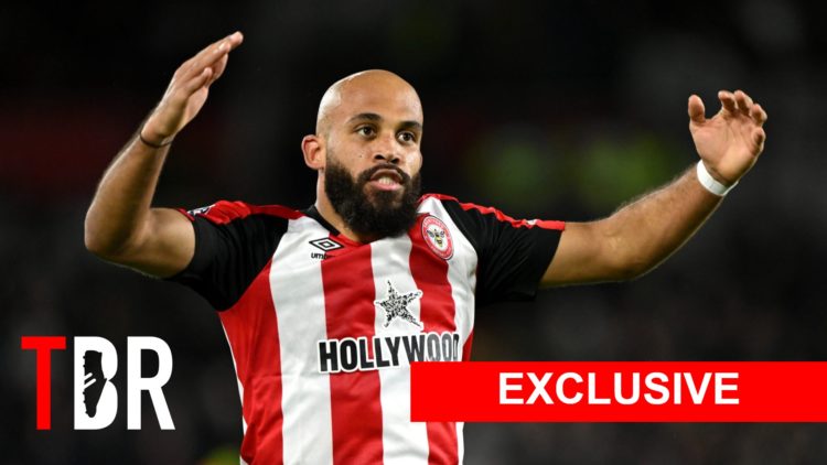 Image of Tottenham and Manchester United target Bryan Mbeumo during a Premier League clash between Brentford and Newcastle., overlaid a TBR exclusi...