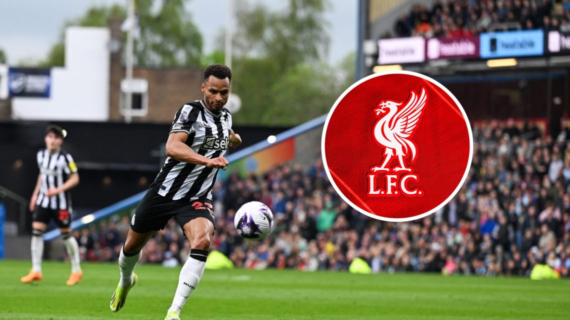 Newcastle United winger Jacob Murphy with inset of Liverpool badge