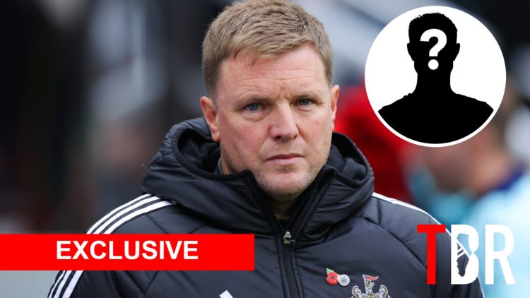 Image of Eddie Howe looking on during Newcastle vs Arsenal with overlay of mystery player