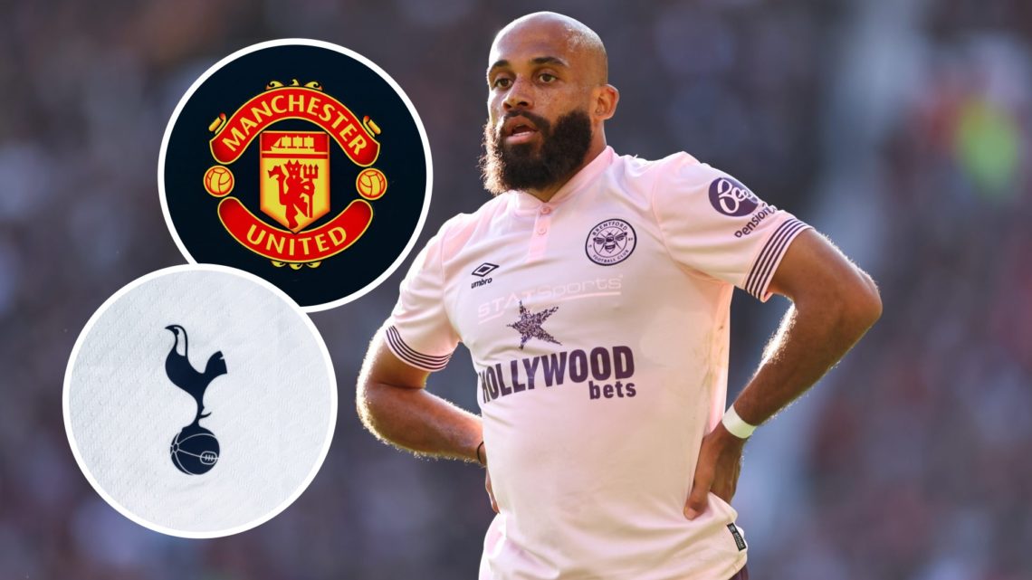 Brentford forward Bryan Mbeumo with insets of Manchester United and Tottenham badges