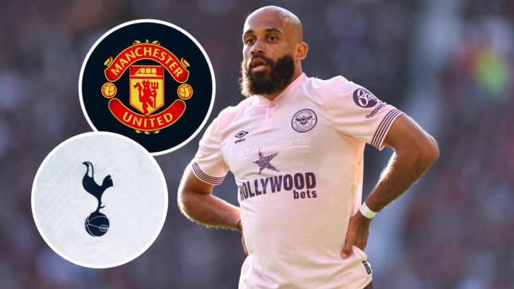 Brentford forward Bryan Mbeumo with insets of Manchester United and Tottenham badges