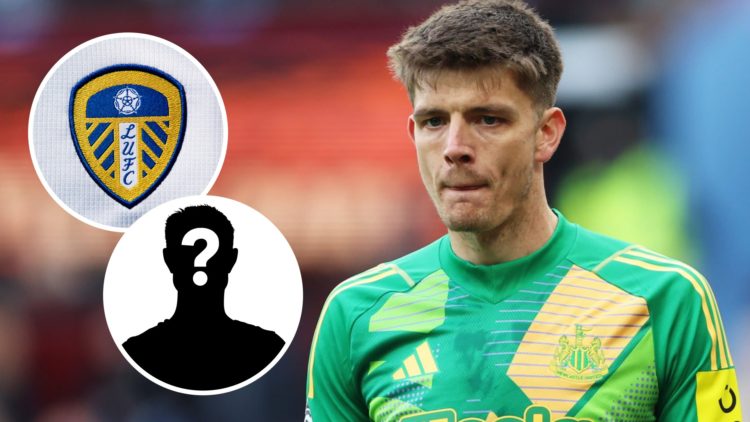 Nick Pope looks on during a Premier League match for Newcastle. Inset, Leeds badge and question mark.