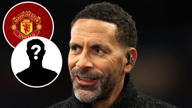 Image of Rio Ferdinand looking on as pundit before Aston Villa vs Club Brugge with overlay of Man United badge and mystery player