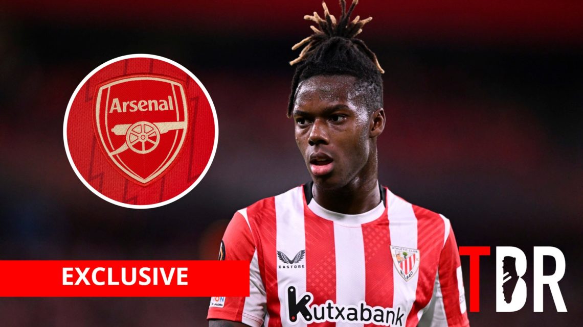Athletic Bilbao star Nico Williams with inset of Arsenal badge