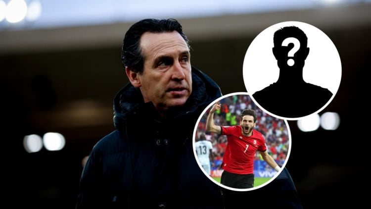 Aston Villa manager Unai Emery with inset of Khvicha Kvaratskhelia and mystery silhouette
