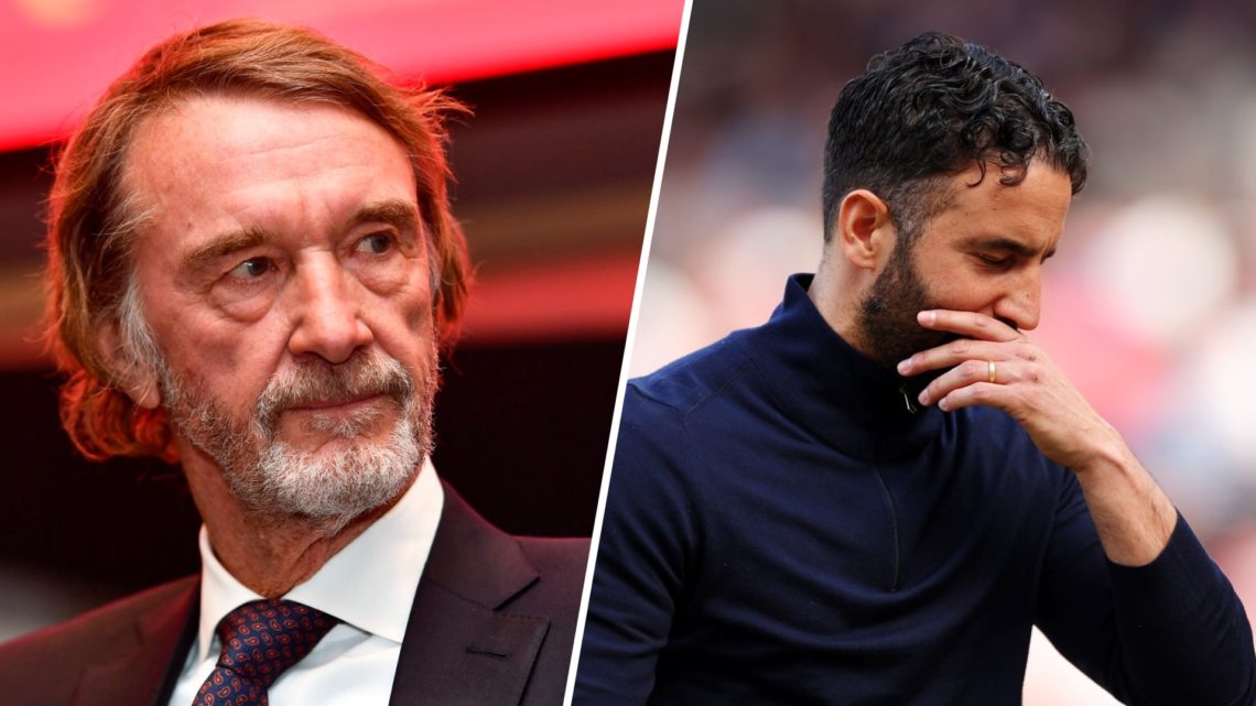 Split image of (L) INEOS chairman Sir Jim Ratcliffe during the signing of a business deal in Belgium and (R) Ruben Amorim looking dejected during a...