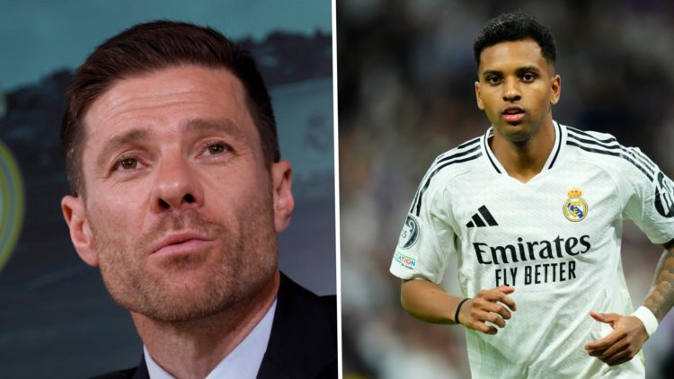 Split image of (L) Xabi Alonso during his unveiling as Real Madrid manager and (R) Rodrygo Goes in action for Real Madrid