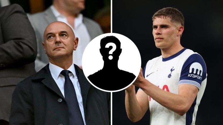 Split image of Tottenham chairman Daniel Levy and centre-back Micky van de Ven with overlay of mystery person
