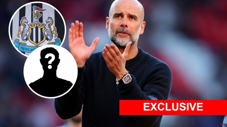 Image of Pep Guardiola applauding fans with overlay of Newcastle badge and mystery player