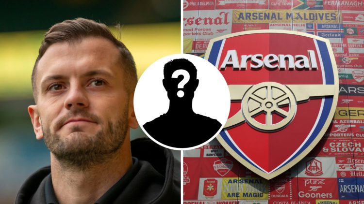 Split image of Jack Wilshere and detailed view of the Arsenal badge with overlay of mystery player