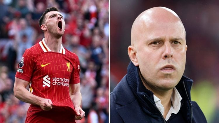Split image of Andy Robertson and Arne Slot