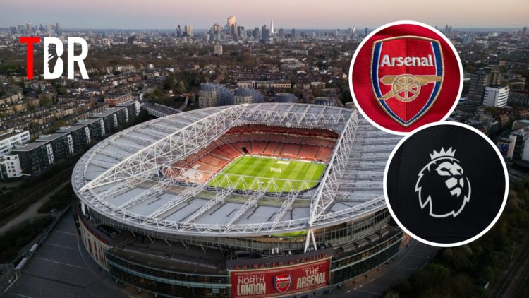 Aerial view of the Emirates Stadium with Arsenal badge and Premier League logo inset