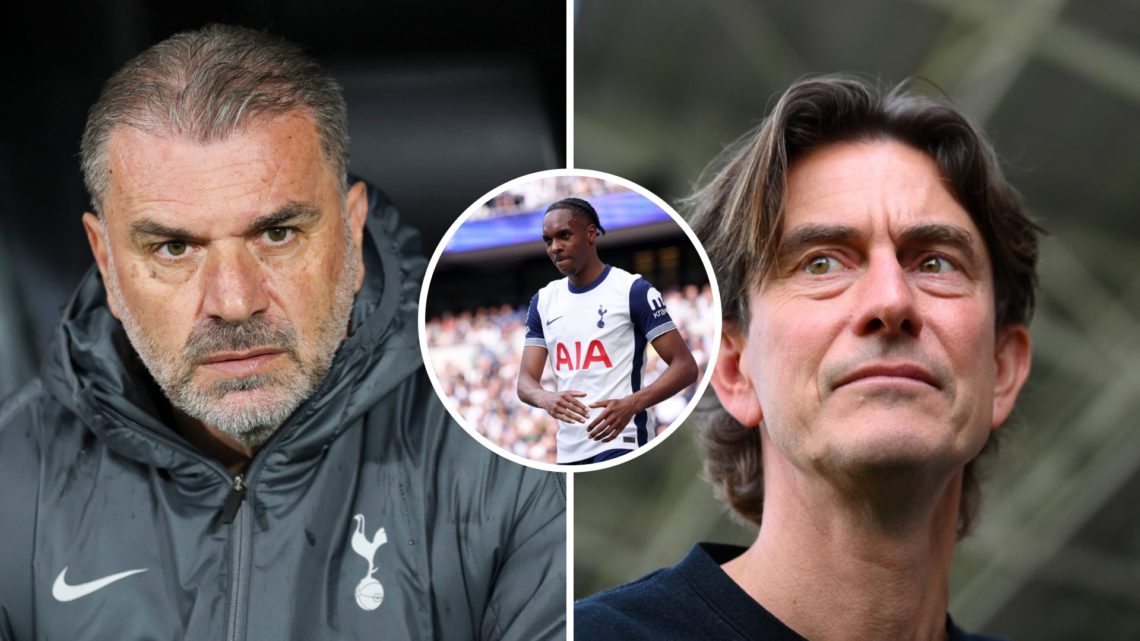 Split image of Ange Postecoglou and Thomas Frank, Mathys Tel inset