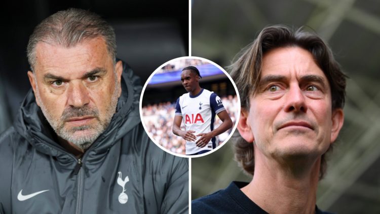 Split image of Ange Postecoglou and Thomas Frank, Mathys Tel inset