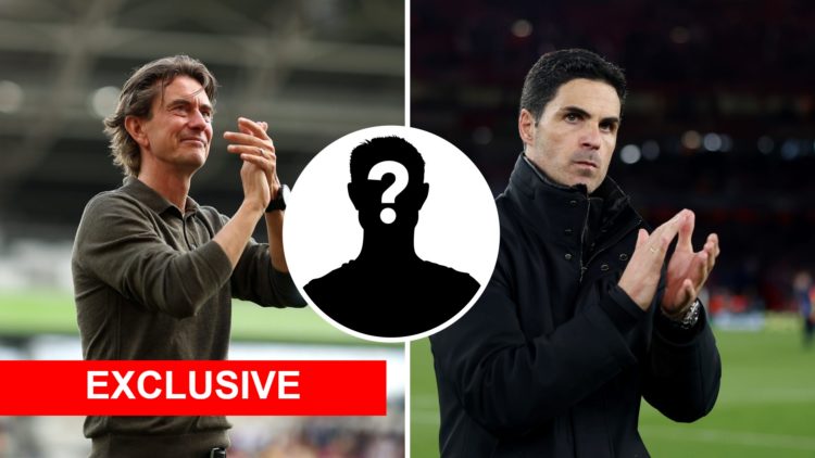 Split image of Arsenal boss Mikel Arteta and new Tottenham manager Thomas Frank with overlay over mystery player