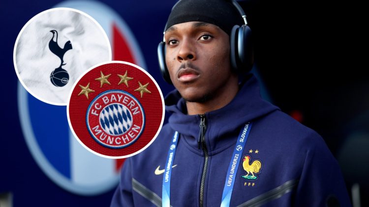 Image of Mathys Tel on France U21 duty with Tottenham Hotspur badge and Bayern Munich badge inset