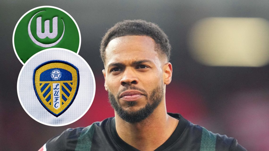 Image of Lukas Nmecha playing for VfL Wolfsburg with Leeds United badge and VfL Wolfsburg badge inset