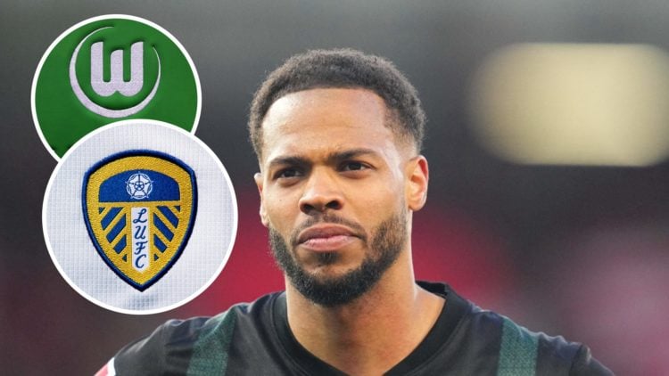 Image of Lukas Nmecha playing for VfL Wolfsburg with Leeds United badge and VfL Wolfsburg badge inset