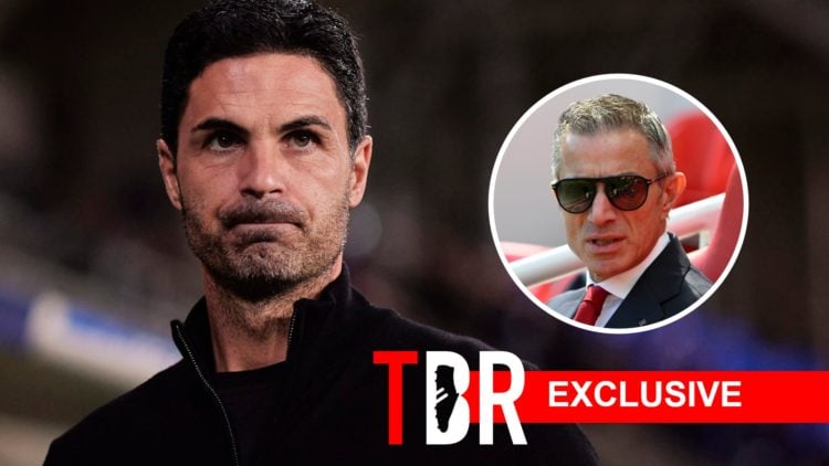 Mikel Arteta looks on following an Arsenal match. Inset, sporting director Andrea Berta.