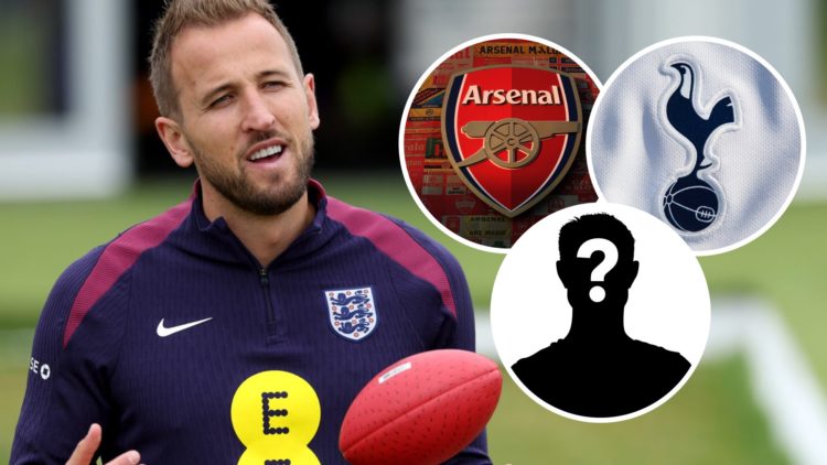 Bayern Munich forward Harry Kane. Inset of Tottenham Hotspur badge, Arsenal badge and mystery player.