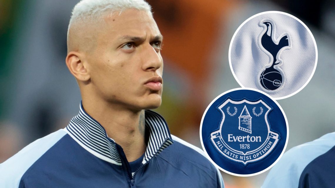 Tottenham Hotspur Richarlison ahead of Europa League match. Inset of Everton and Tottenham badges