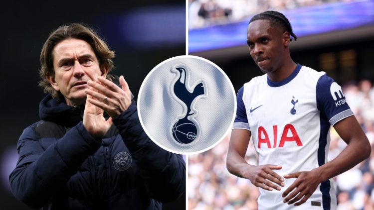 Split image of Tottenham Hotspur manager Thomas Frank (L) and Mathys Tel (R). Inset of Spurs badge.