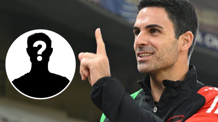 Arsenal manager Mikel Arteta holds up his finger. Inset, question mark.