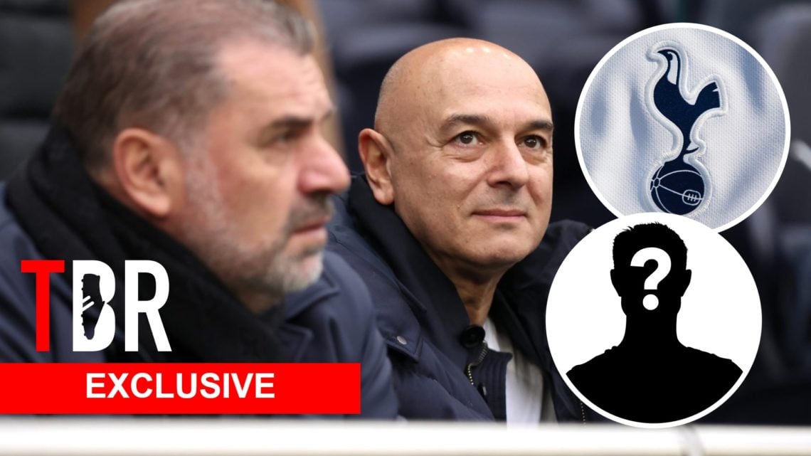 Tottenham Hotspur chairman Daniel Levy and Ange Postecogolou at Tottenham Hotspur Stadium. Inset of Spurs badge.