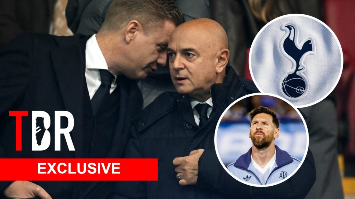 Tottenham Hotspur sporting director Johan Lange and Daniel Levy ahead of a Premier League match. Inset of Spurs badge and Lionel Messi.