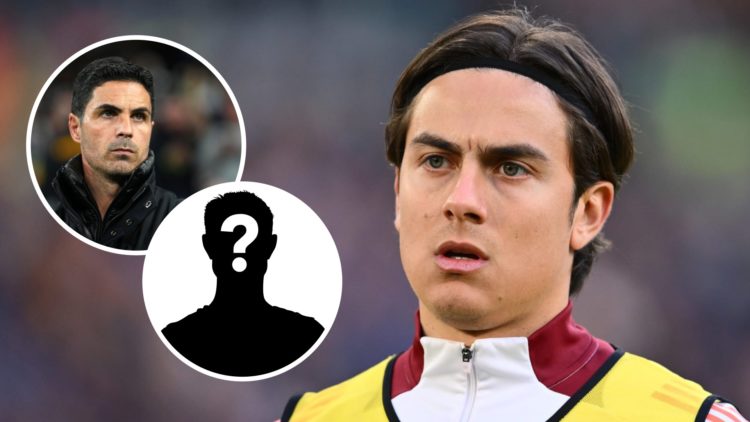 Paulo Dybala looks on during an AS Roma match. Inset, Arsenal boss Mikel Arteta and a question mark.