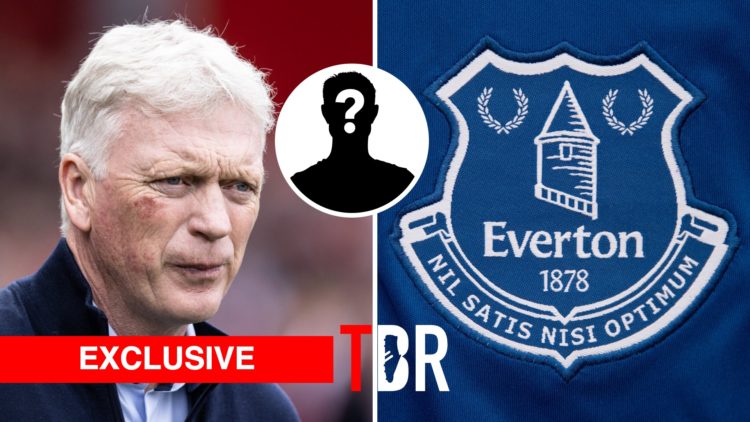 Split image of David Moyes and the Everton badge, mystery figure, TBR logo and exclusive tag inset