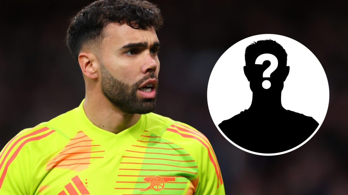 David Raya looks on for Arsenal. Inset, question mark.