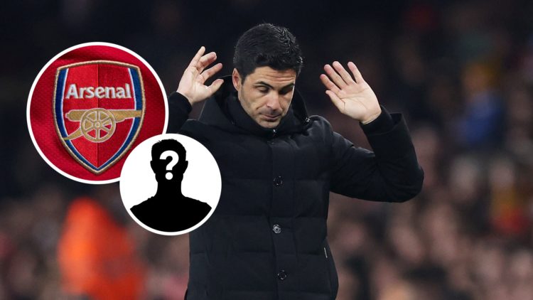 Image of Mikel Arteta looking dejected during a Premier League clash between Arsenal and Southampton, Arsenal crest and mystery figure inset