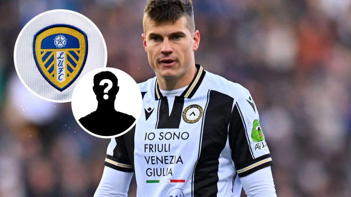 Jaka Bijol in action for Udinese with Leeds United badge and mystery figure inset